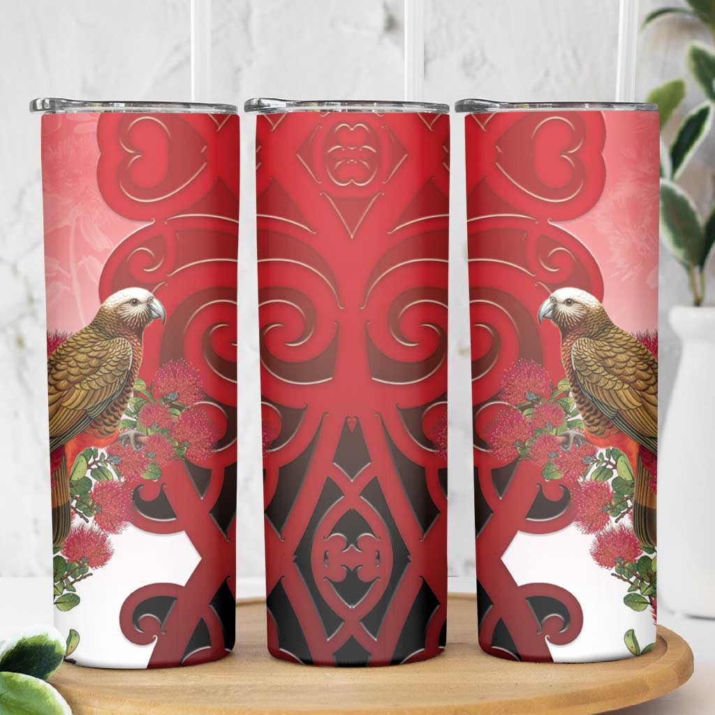 New Zealand Parrot Kaka Skinny Tumbler Maori Koru With Pohutukawa Flowers - Polynesian Pride