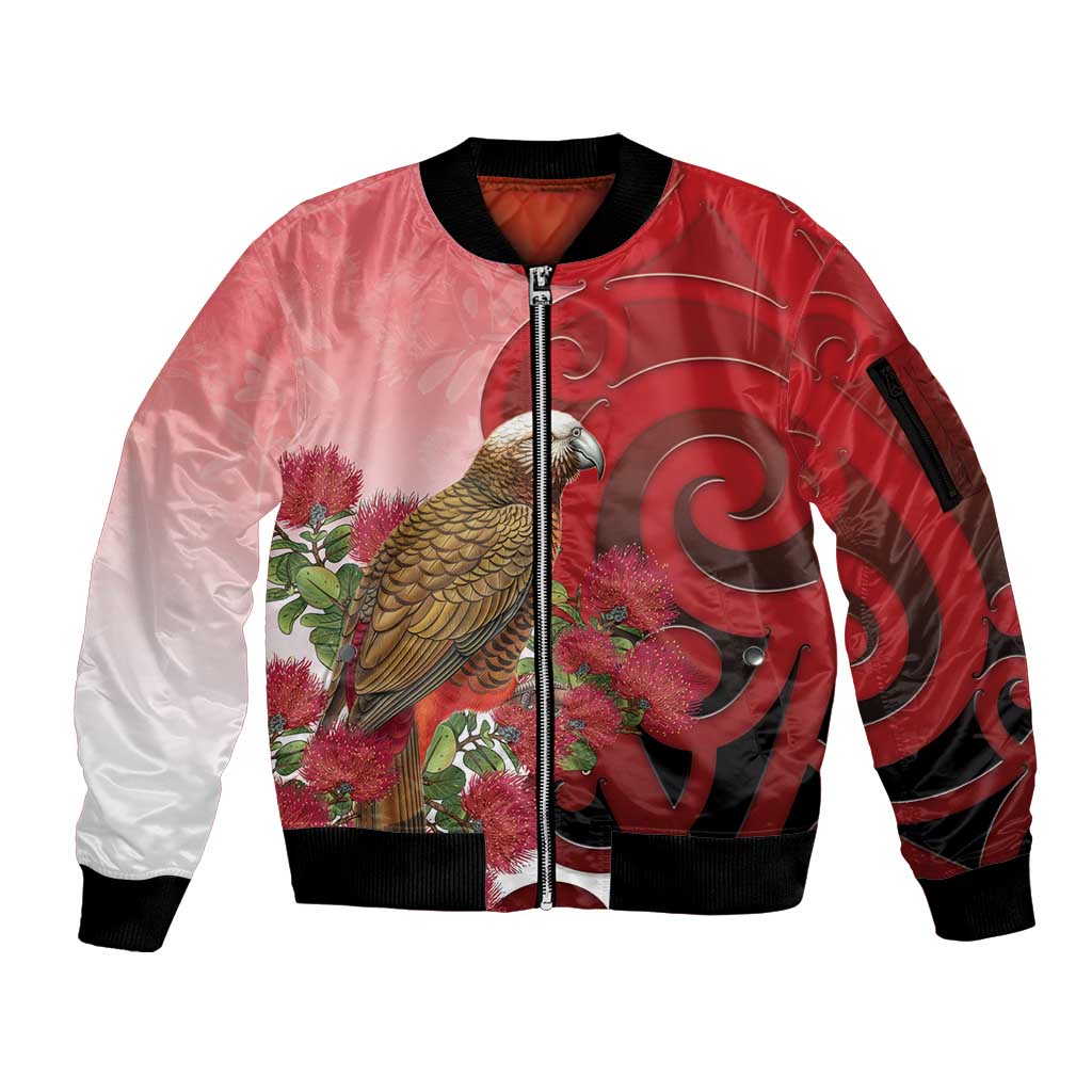 New Zealand Parrot Kaka Sleeve Zip Bomber Jacket Maori Koru With Pohutukawa Flowers LT05 Unisex Red - Polynesian Pride