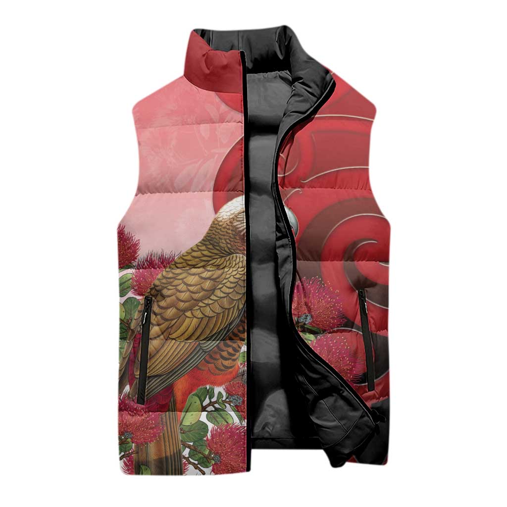 New Zealand Parrot Kaka Sleeveless Puffer Jacket Maori Koru With Pohutukawa Flowers LT05 - Polynesian Pride