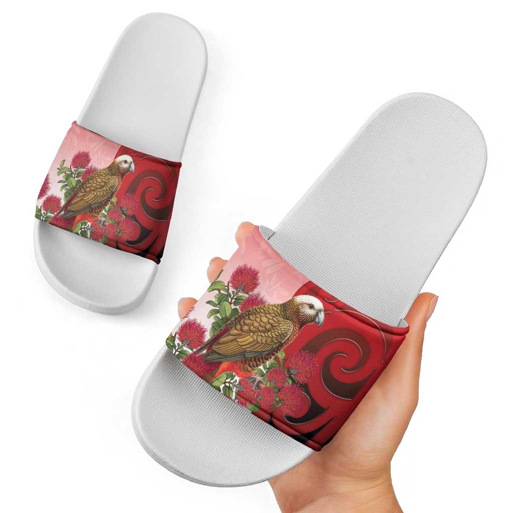 New Zealand Parrot Kaka Slide Sandals Maori Koru With Pohutukawa Flowers LT05 - Polynesian Pride