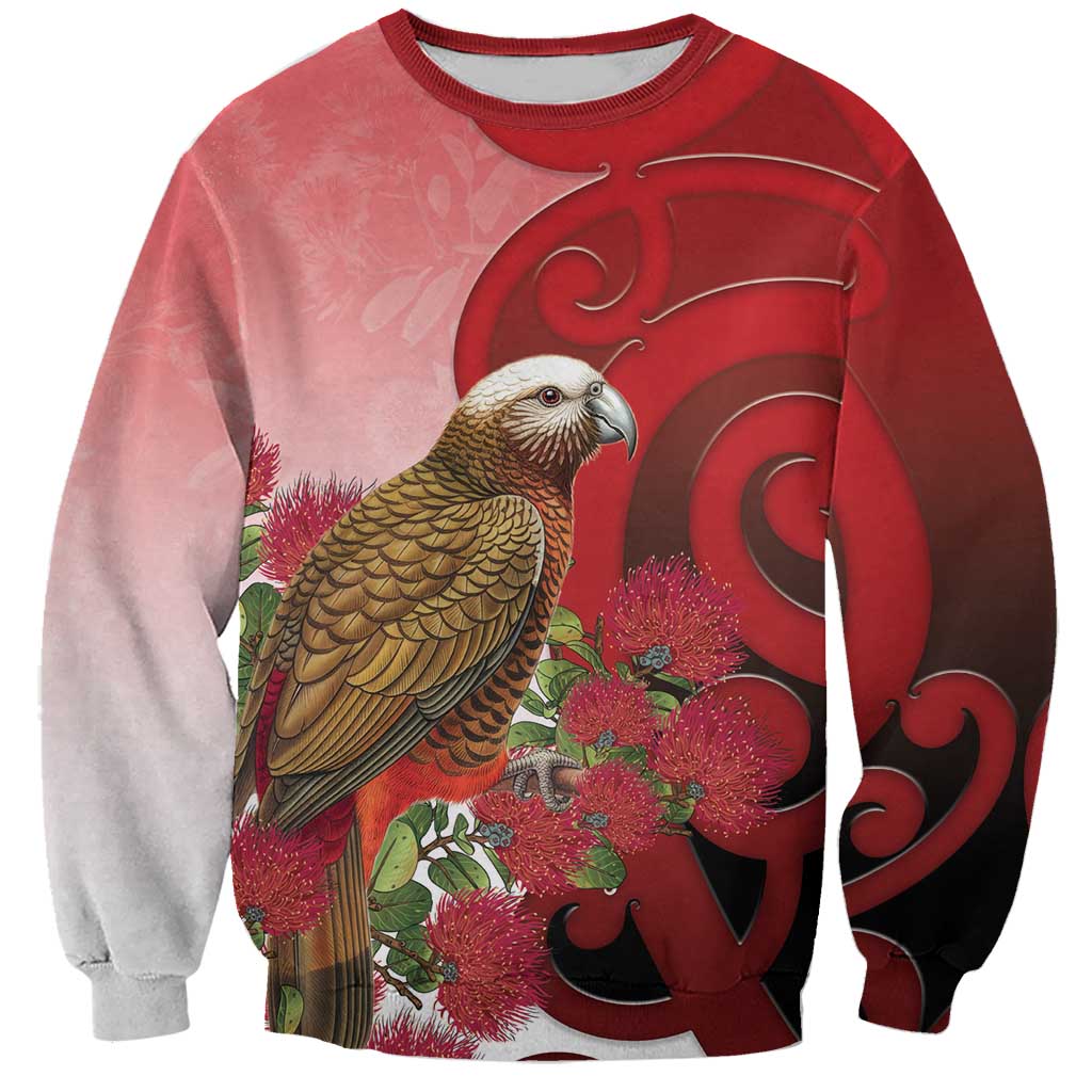 New Zealand Parrot Kaka Sweatshirt Maori Koru With Pohutukawa Flowers LT05 Unisex Red - Polynesian Pride