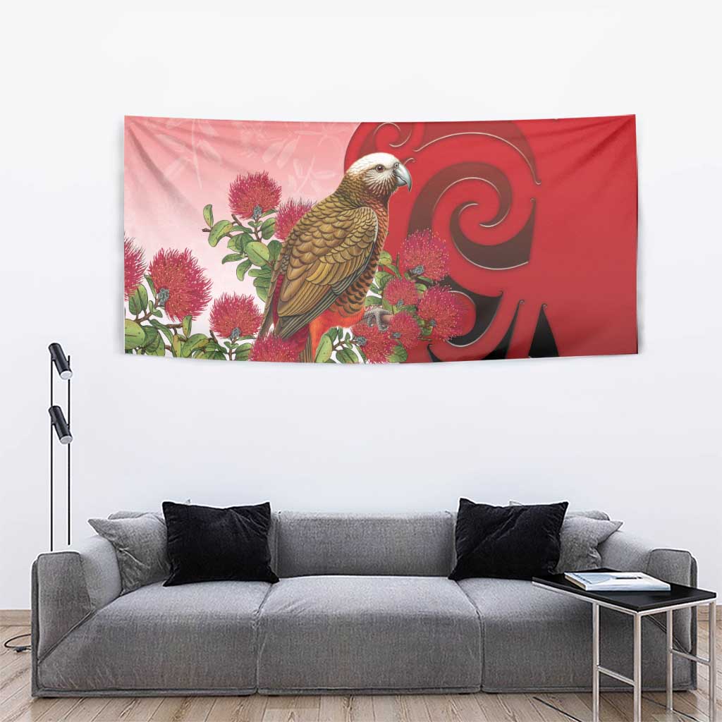 New Zealand Parrot Kaka Tapestry Maori Koru With Pohutukawa Flowers LT05 - Polynesian Pride