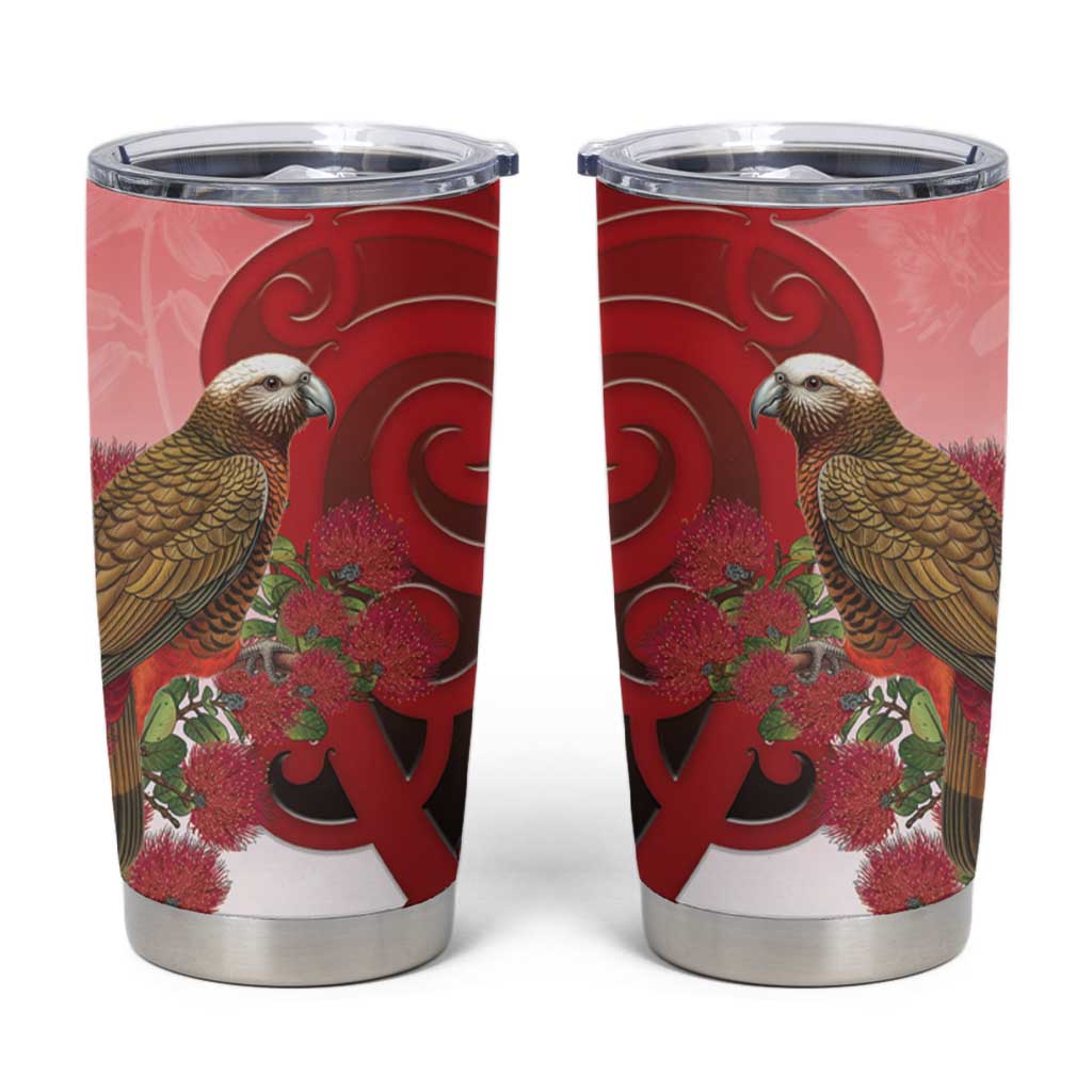 New Zealand Parrot Kaka Tumbler Cup Maori Koru With Pohutukawa Flowers - Polynesian Pride