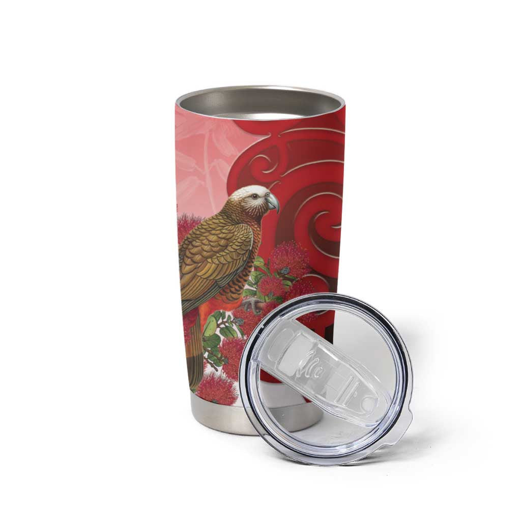 New Zealand Parrot Kaka Tumbler Cup Maori Koru With Pohutukawa Flowers - Polynesian Pride