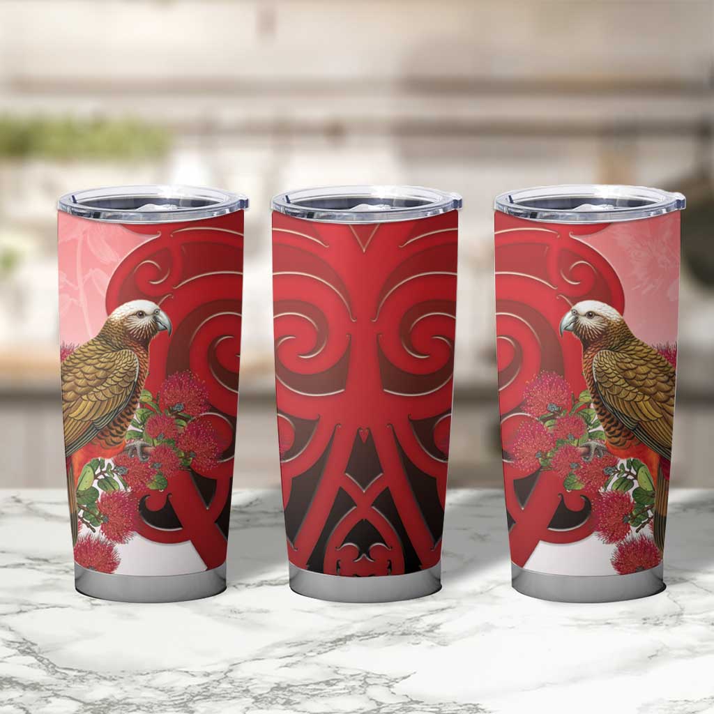 New Zealand Parrot Kaka Tumbler Cup Maori Koru With Pohutukawa Flowers - Polynesian Pride
