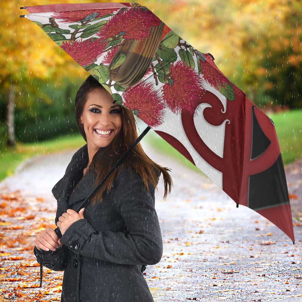 New Zealand Parrot Kaka Umbrella Maori Koru With Pohutukawa Flowers - Polynesian Pride