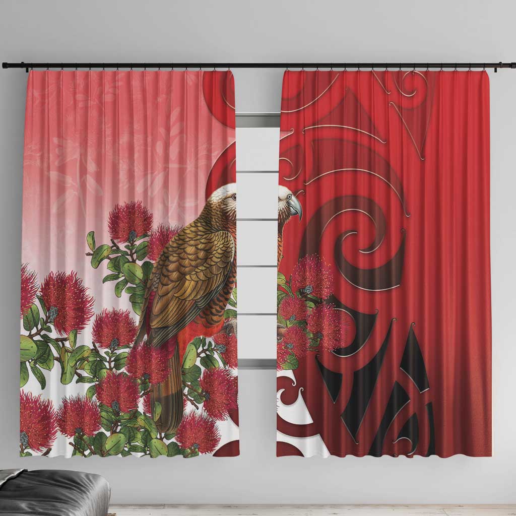 New Zealand Parrot Kaka Window Curtain Maori Koru With Pohutukawa Flowers LT05 With Hooks Red - Polynesian Pride