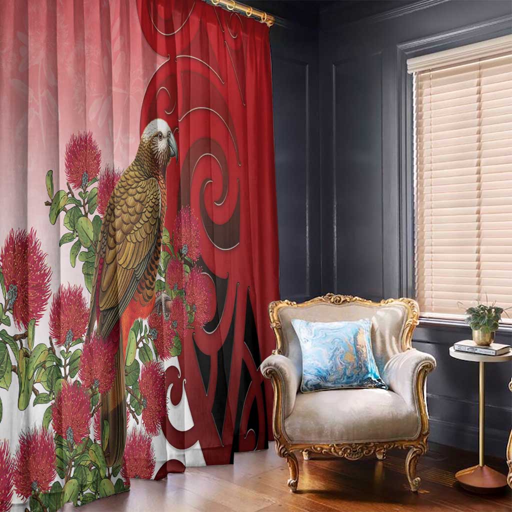 New Zealand Parrot Kaka Window Curtain Maori Koru With Pohutukawa Flowers LT05 - Polynesian Pride
