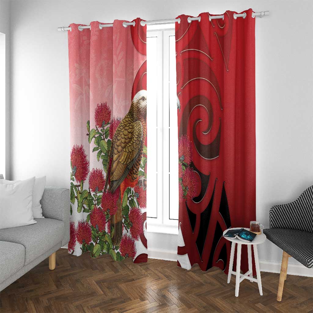 New Zealand Parrot Kaka Window Curtain Maori Koru With Pohutukawa Flowers LT05 With Grommets Red - Polynesian Pride