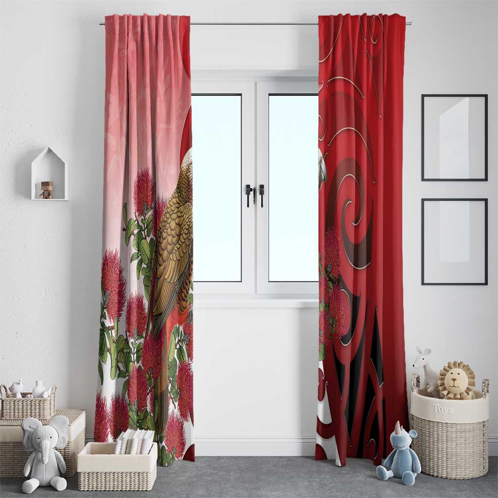New Zealand Parrot Kaka Window Curtain Maori Koru With Pohutukawa Flowers LT05 - Polynesian Pride