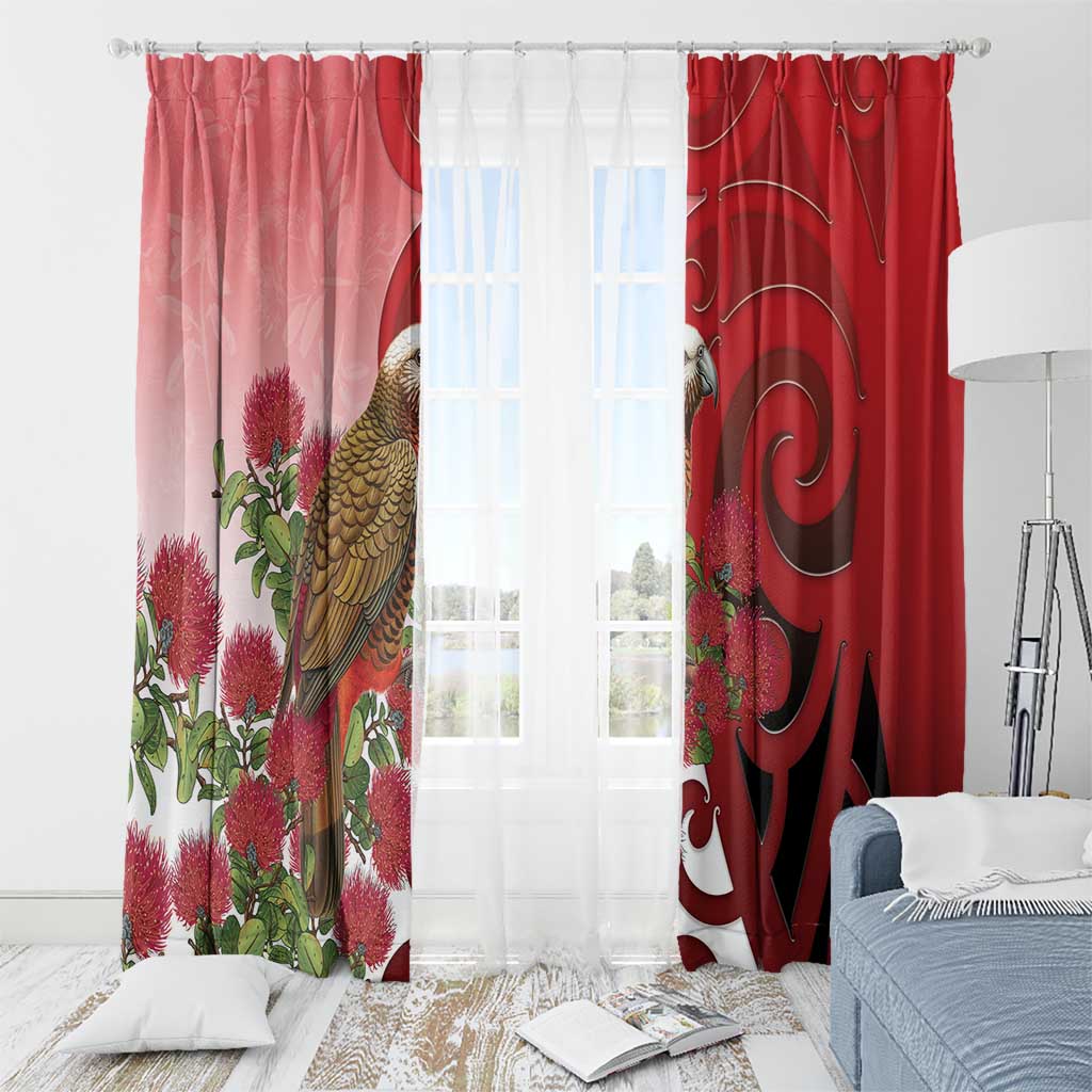New Zealand Parrot Kaka Window Curtain Maori Koru With Pohutukawa Flowers LT05 - Polynesian Pride