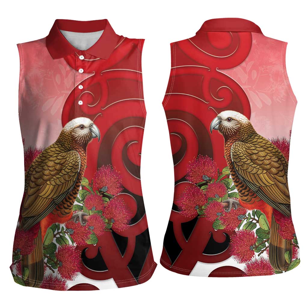 New Zealand Parrot Kaka Women Sleeveless Polo Shirt Maori Koru With Pohutukawa Flowers - Polynesian Pride