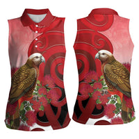 New Zealand Parrot Kaka Women Sleeveless Polo Shirt Maori Koru With Pohutukawa Flowers - Polynesian Pride