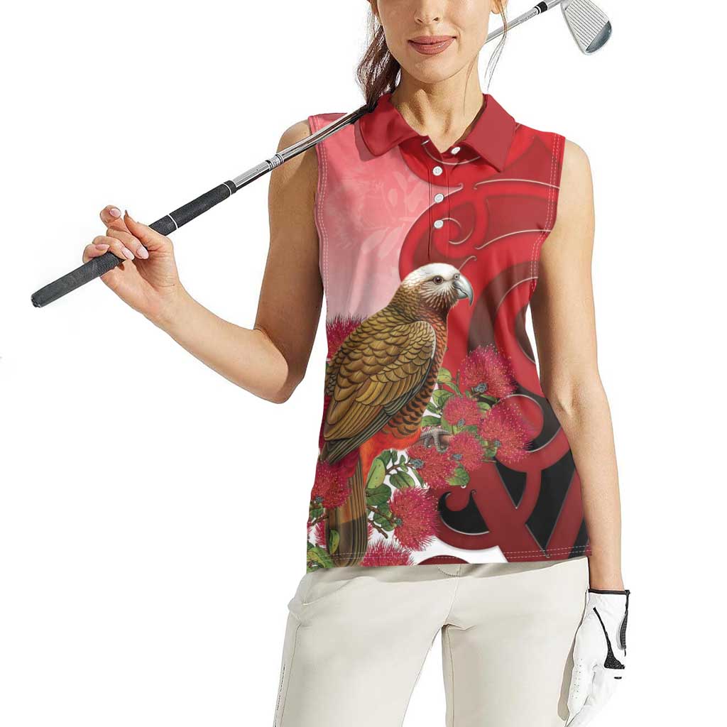 New Zealand Parrot Kaka Women Sleeveless Polo Shirt Maori Koru With Pohutukawa Flowers - Polynesian Pride