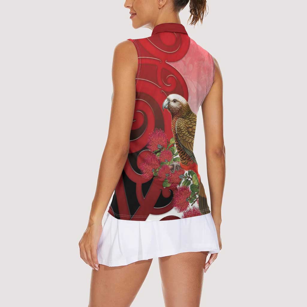 New Zealand Parrot Kaka Women Sleeveless Polo Shirt Maori Koru With Pohutukawa Flowers - Polynesian Pride