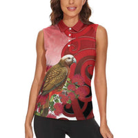 New Zealand Parrot Kaka Women Sleeveless Polo Shirt Maori Koru With Pohutukawa Flowers - Polynesian Pride