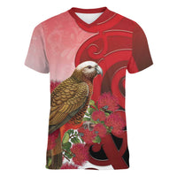 New Zealand Parrot Kaka Women V-Neck T-Shirt Maori Koru With Pohutukawa Flowers - Polynesian Pride
