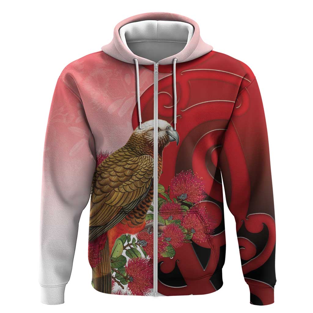 New Zealand Parrot Kaka Zip Hoodie Maori Koru With Pohutukawa Flowers LT05 Zip Hoodie Red - Polynesian Pride