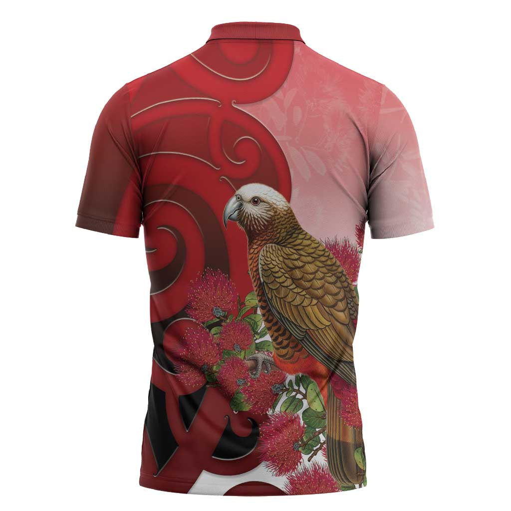 New Zealand Parrot Kaka Zipper Polo Shirt Maori Koru With Pohutukawa Flowers - Polynesian Pride