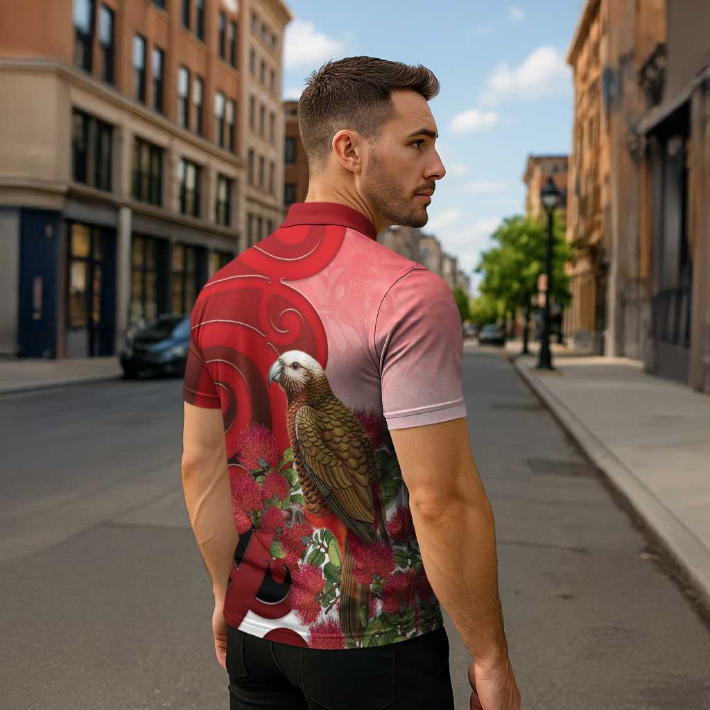 New Zealand Parrot Kaka Zipper Polo Shirt Maori Koru With Pohutukawa Flowers - Polynesian Pride