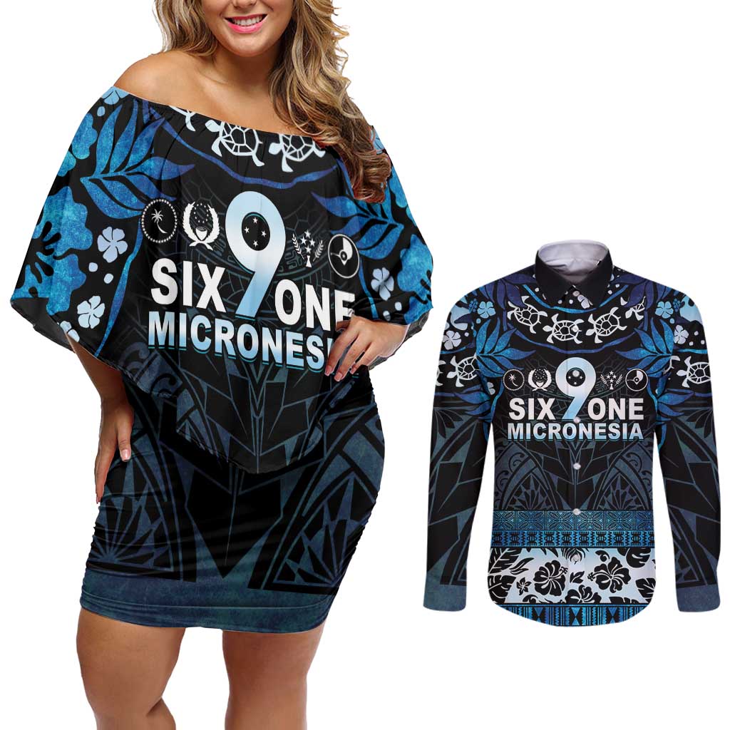 Micronesia FSM 691 Couples Matching Off Shoulder Short Dress and Long Sleeve Button Shirt Respect Culture