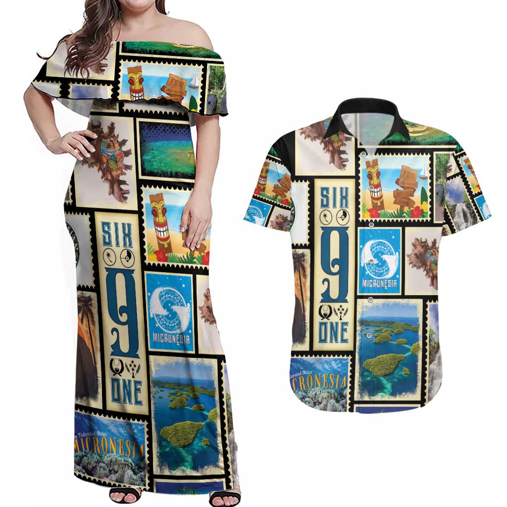 FSM Micronesia Culture Couples Matching Off Shoulder Maxi Dress and Hawaiian Shirt