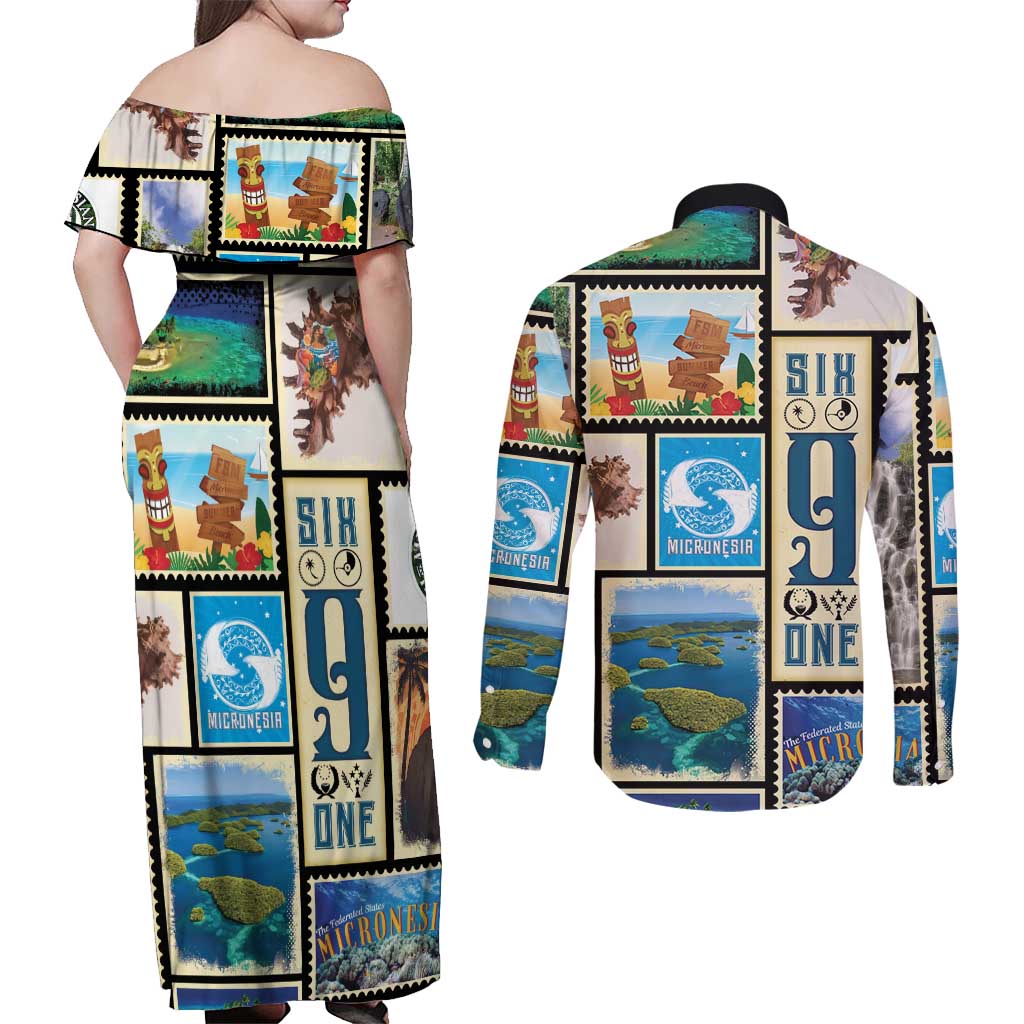 FSM Micronesia Culture Couples Matching Off Shoulder Maxi Dress and Long Sleeve Button Shirt