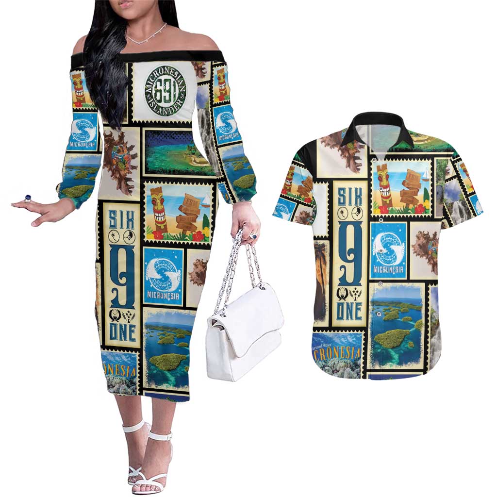 FSM Micronesia Culture Couples Matching Off The Shoulder Long Sleeve Dress and Hawaiian Shirt