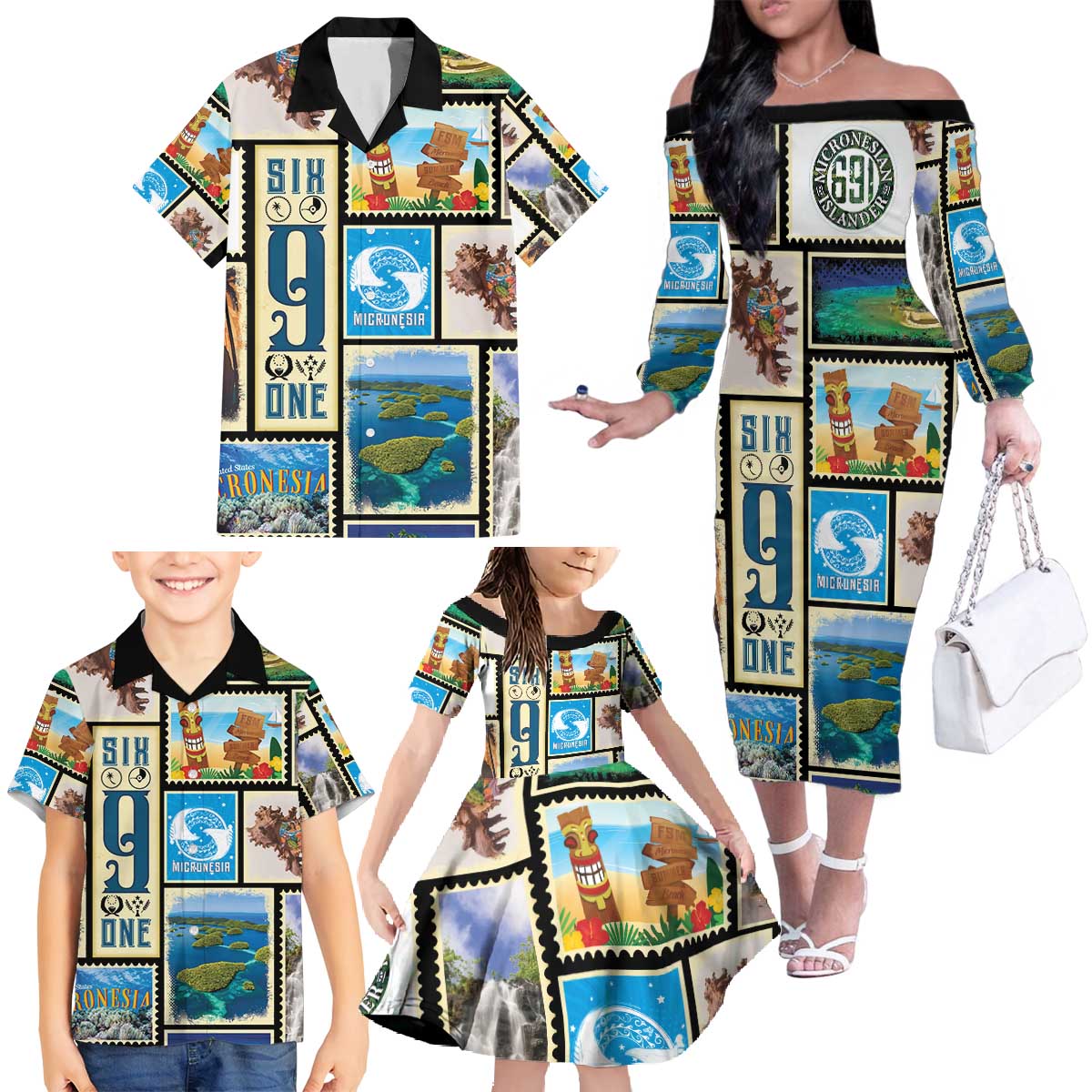 FSM Micronesia Culture Family Matching Off The Shoulder Long Sleeve Dress and Hawaiian Shirt