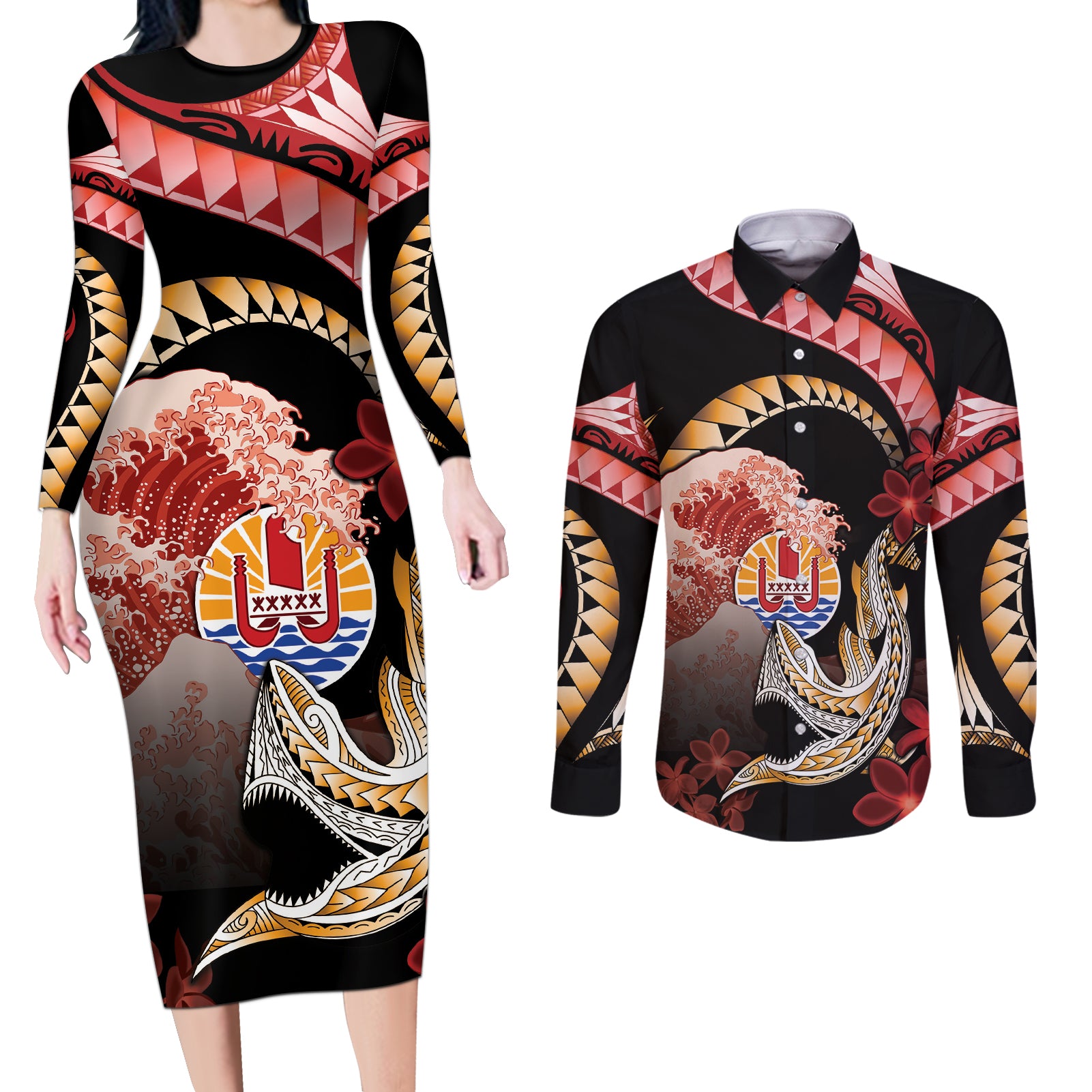 Personalised French Polynesia Victory Day Couples Matching Long Sleeve Bodycon Dress and Long Sleeve Button Shirt Polynesian Pattern Plumeria