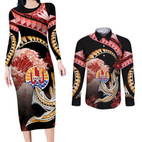 Personalised French Polynesia Victory Day Couples Matching Long Sleeve Bodycon Dress and Long Sleeve Button Shirt Polynesian Pattern Plumeria LT05 Black - Polynesian Pride