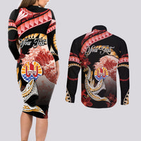 Personalised French Polynesia Victory Day Couples Matching Long Sleeve Bodycon Dress and Long Sleeve Button Shirt Polynesian Pattern Plumeria LT05 - Polynesian Pride