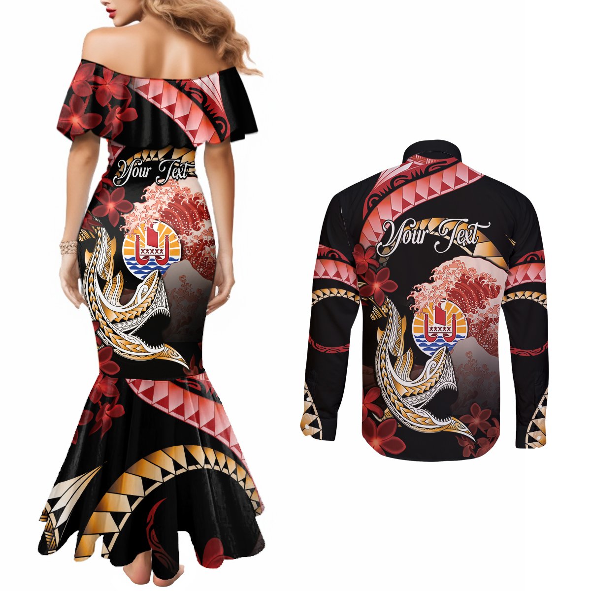 Personalised French Polynesia Victory Day Couples Matching Mermaid Dress and Long Sleeve Button Shirt Polynesian Pattern Plumeria LT05 - Polynesian Pride