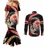 Personalised French Polynesia Victory Day Couples Matching Mermaid Dress and Long Sleeve Button Shirt Polynesian Pattern Plumeria LT05 - Polynesian Pride
