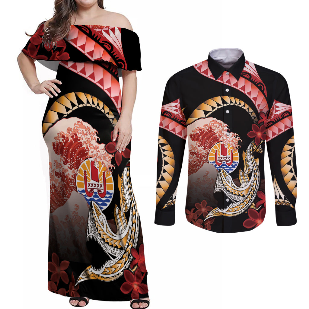 Personalised French Polynesia Victory Day Couples Matching Off Shoulder Maxi Dress and Long Sleeve Button Shirt Polynesian Pattern Plumeria LT05 Black - Polynesian Pride