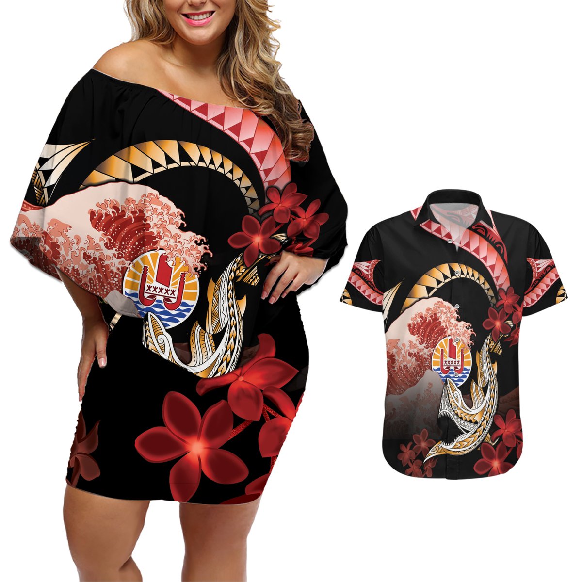 Personalised French Polynesia Victory Day Couples Matching Off Shoulder Short Dress and Hawaiian Shirt Polynesian Pattern Plumeria LT05 Black - Polynesian Pride