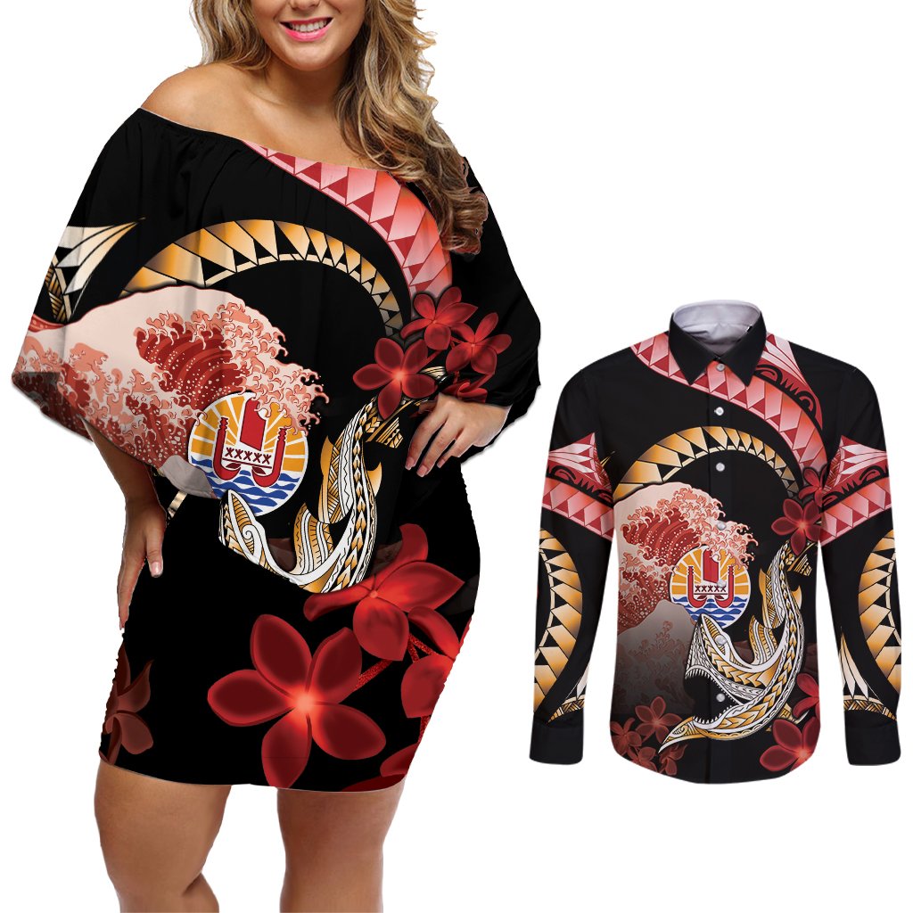 Personalised French Polynesia Victory Day Couples Matching Off Shoulder Short Dress and Long Sleeve Button Shirt Polynesian Pattern Plumeria LT05 Black - Polynesian Pride