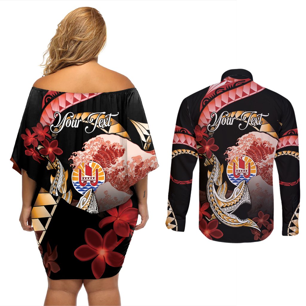 Personalised French Polynesia Victory Day Couples Matching Off Shoulder Short Dress and Long Sleeve Button Shirt Polynesian Pattern Plumeria LT05 - Polynesian Pride