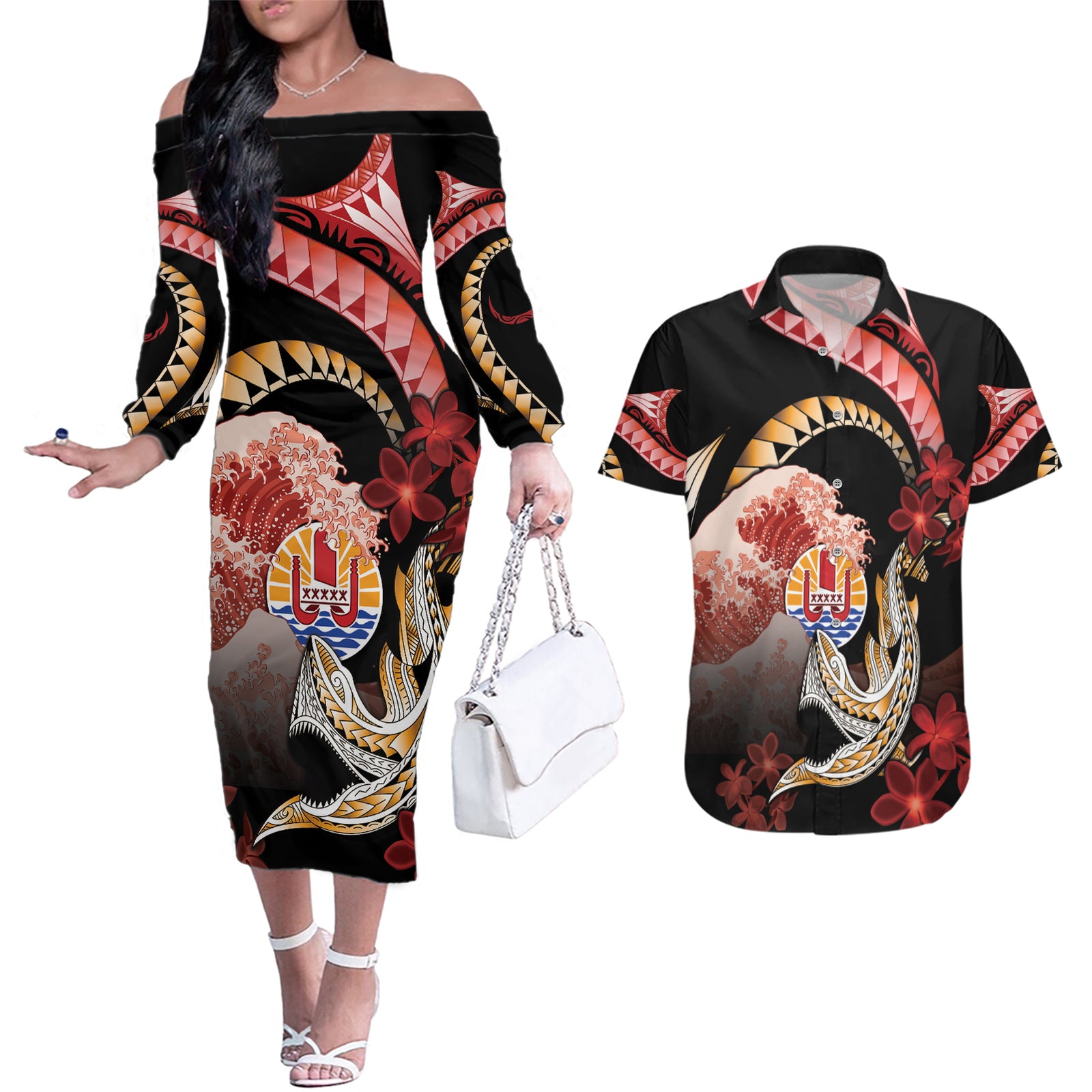 Personalised French Polynesia Victory Day Couples Matching Off The Shoulder Long Sleeve Dress and Hawaiian Shirt Polynesian Pattern Plumeria LT05 Black - Polynesian Pride