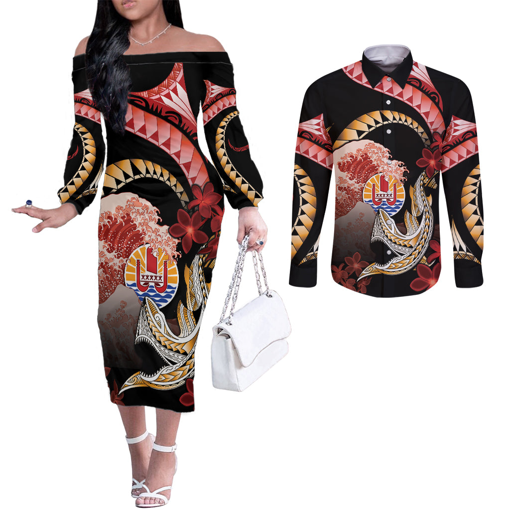 Personalised French Polynesia Victory Day Couples Matching Off The Shoulder Long Sleeve Dress and Long Sleeve Button Shirt Polynesian Pattern Plumeria LT05 Black - Polynesian Pride