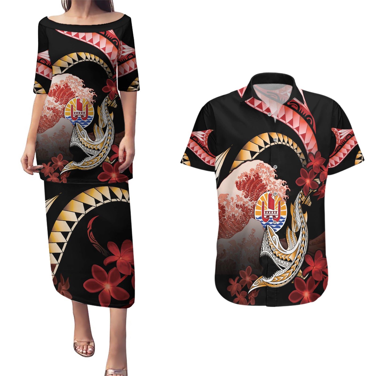 Personalised French Polynesia Victory Day Couples Matching Puletasi and Hawaiian Shirt Polynesian Pattern Plumeria LT05 Black - Polynesian Pride