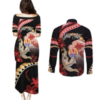 Personalised French Polynesia Victory Day Couples Matching Puletasi and Long Sleeve Button Shirt Polynesian Pattern Plumeria LT05 - Polynesian Pride