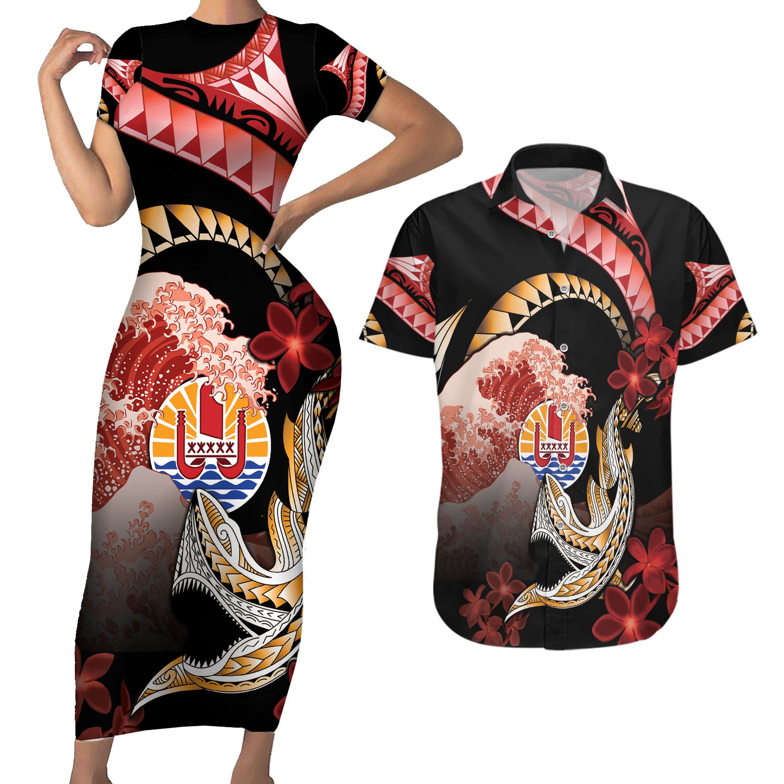 Personalised French Polynesia Victory Day Couples Matching Short Sleeve Bodycon Dress and Hawaiian Shirt Polynesian Pattern Plumeria LT05 Black - Polynesian Pride