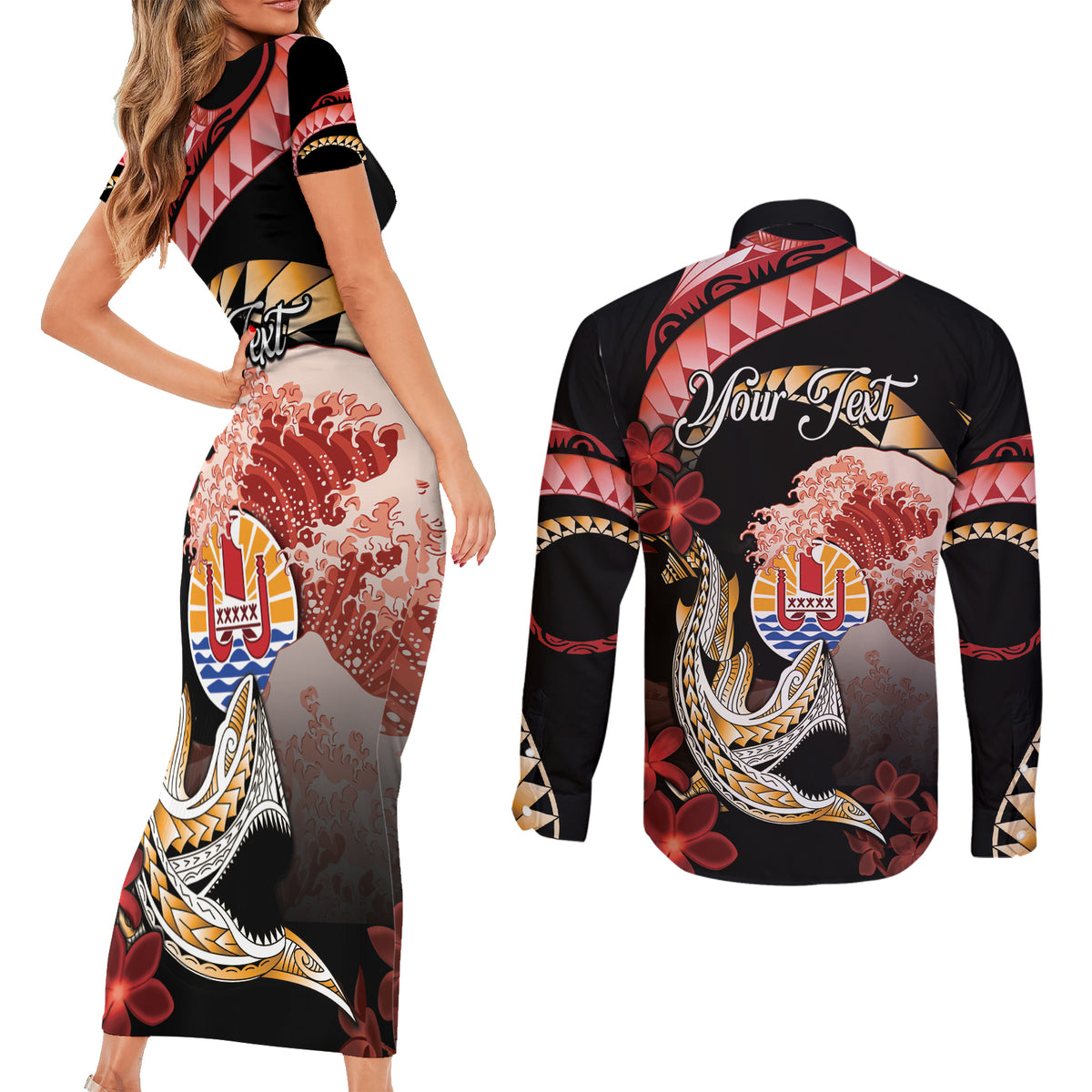Personalised French Polynesia Victory Day Couples Matching Short Sleeve Bodycon Dress and Long Sleeve Button Shirt Polynesian Pattern Plumeria LT05 - Polynesian Pride