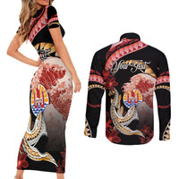 Personalised French Polynesia Victory Day Couples Matching Short Sleeve Bodycon Dress and Long Sleeve Button Shirt Polynesian Pattern Plumeria LT05 - Polynesian Pride