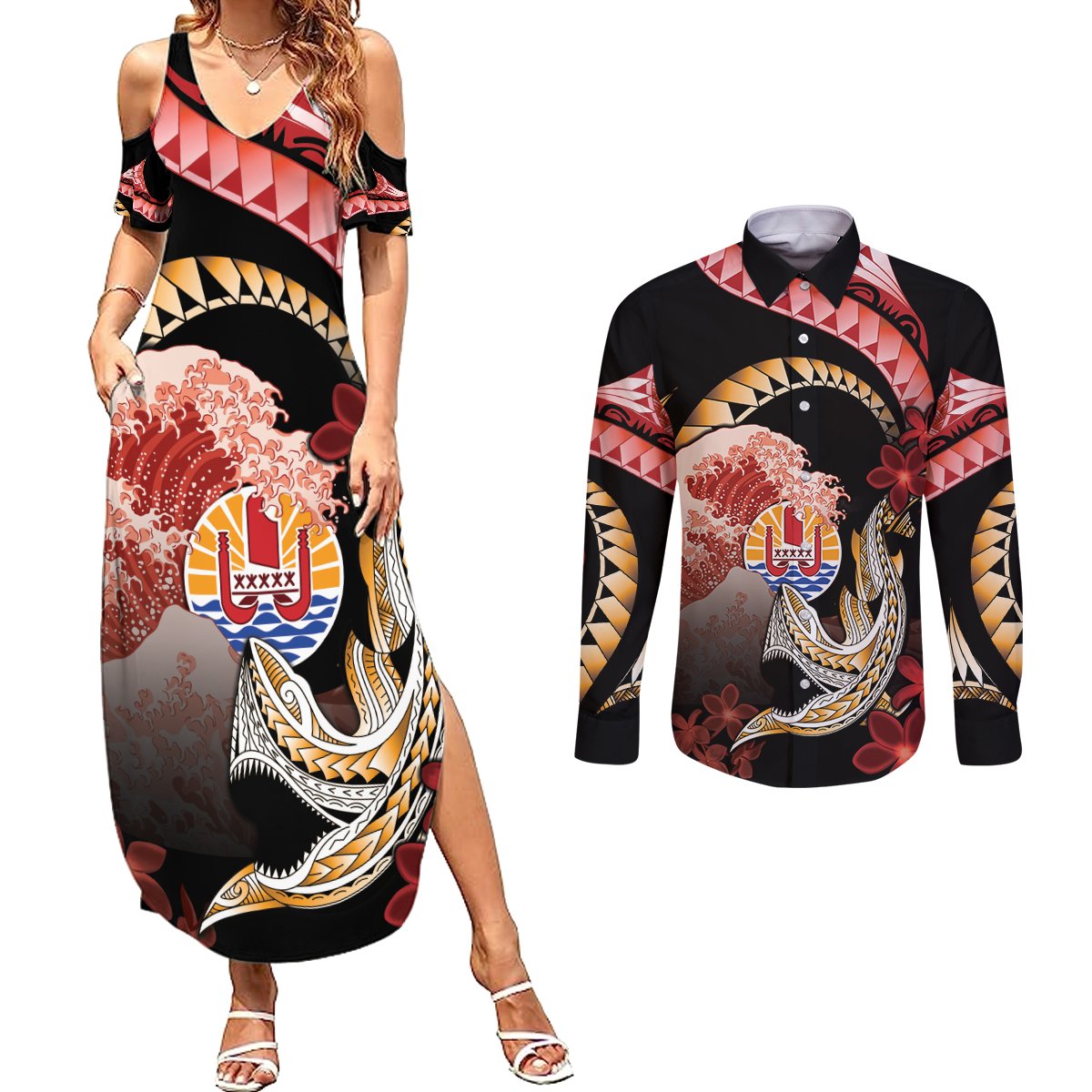 Personalised French Polynesia Victory Day Couples Matching Summer Maxi Dress and Long Sleeve Button Shirt Polynesian Pattern Plumeria LT05 Black - Polynesian Pride