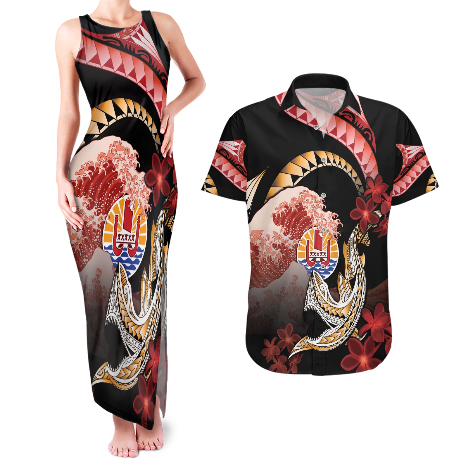 Personalised French Polynesia Victory Day Couples Matching Tank Maxi Dress and Hawaiian Shirt Polynesian Pattern Plumeria