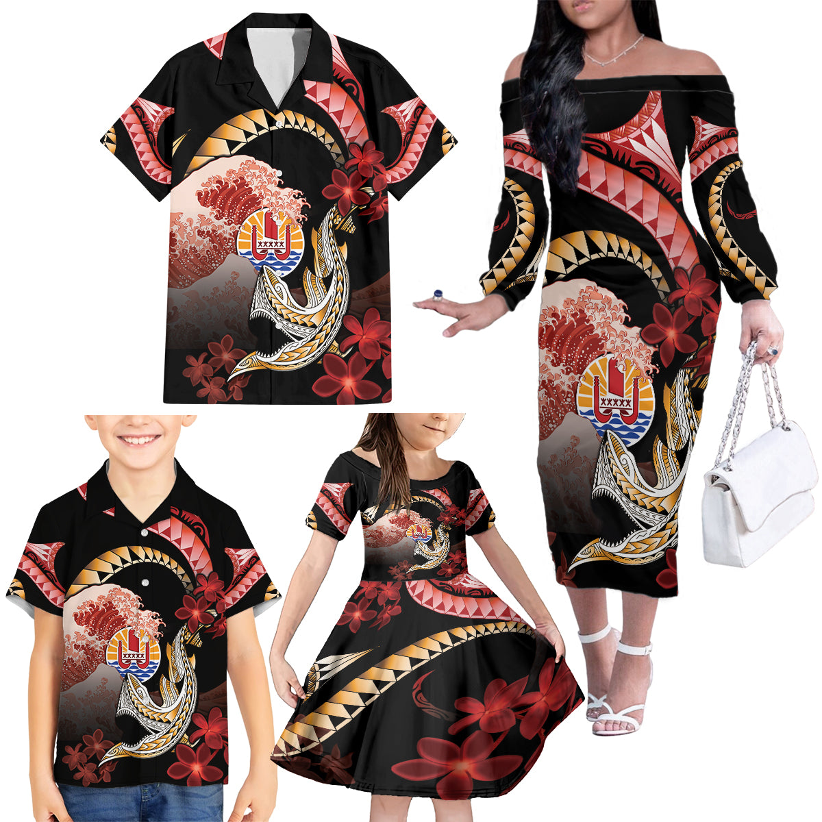 Personalised French Polynesia Victory Day Family Matching Off The Shoulder Long Sleeve Dress and Hawaiian Shirt Polynesian Pattern Plumeria LT05 - Polynesian Pride