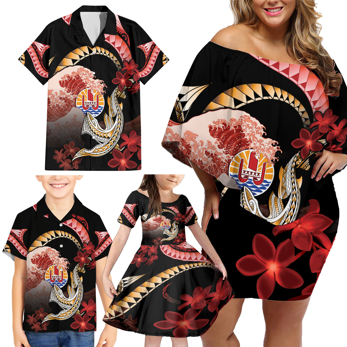 Personalised French Polynesia Victory Day Family Matching Off Shoulder Short Dress and Hawaiian Shirt Polynesian Pattern Plumeria