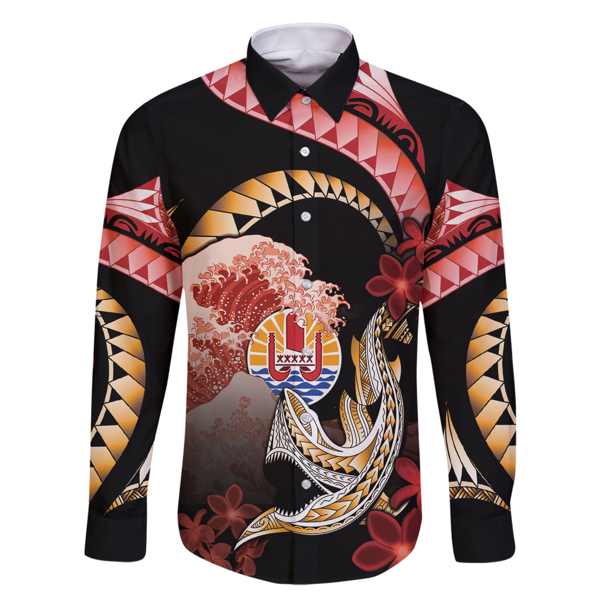 Personalised French Polynesia Victory Day Family Matching Off Shoulder Short Dress and Hawaiian Shirt Polynesian Pattern Plumeria LT05 Dad's Shirt - Long Sleeve Black - Polynesian Pride